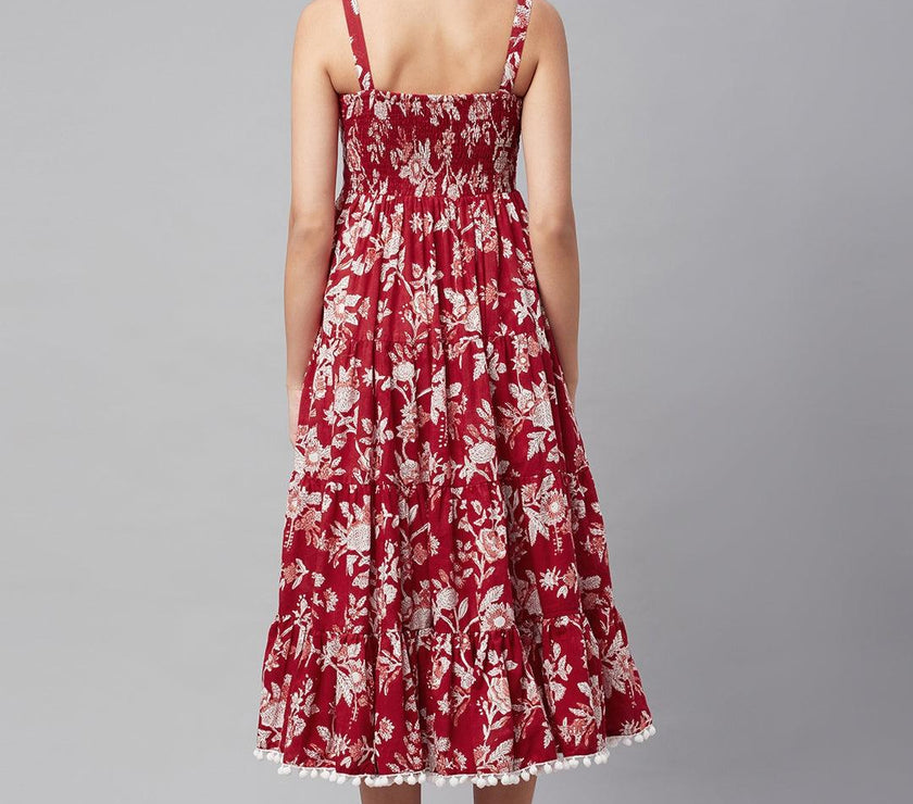 Divena Red Floral Printed Shoulder Strap Long dress - divena world