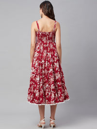 Divena Red Floral Printed Shoulder Strap Long dress - divena world