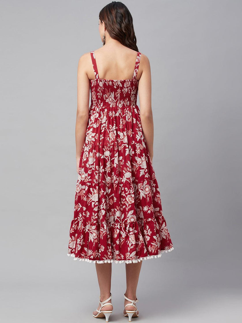 Divena Red Floral Printed Shoulder Strap Long dress - divena world