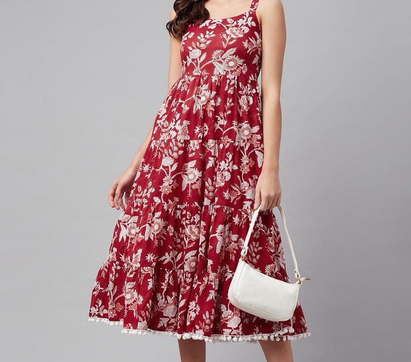 Divena Red Floral Printed Shoulder Strap Long dress - divena world