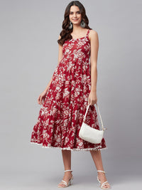 Divena Red Floral Printed Shoulder Strap Long dress - divena world