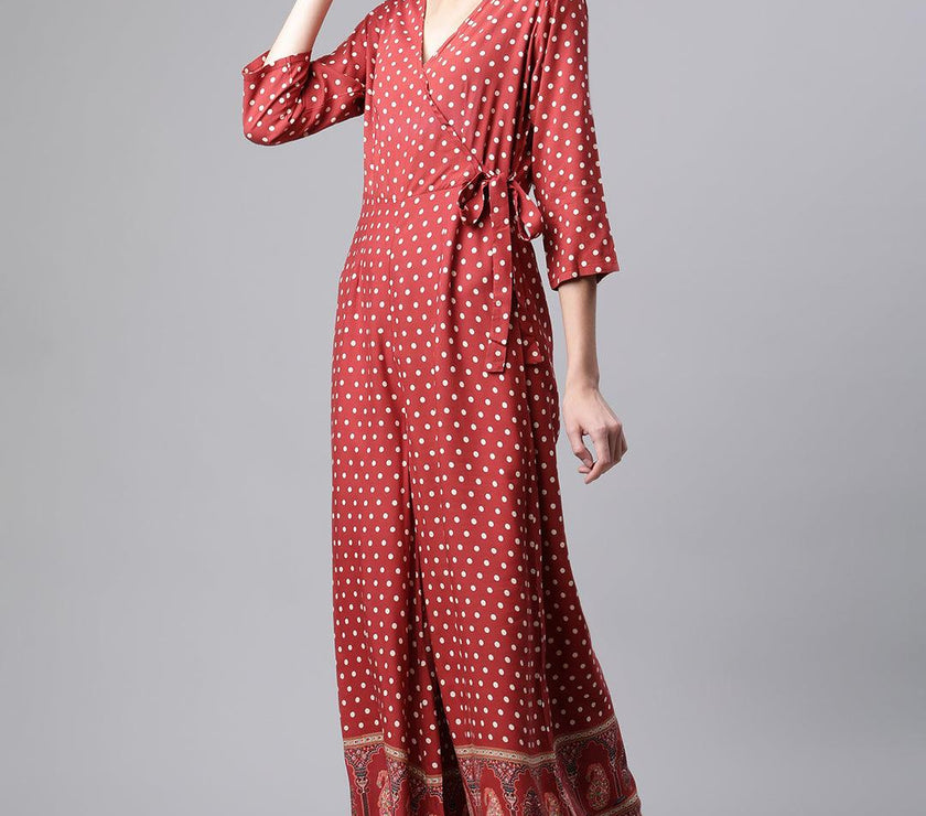 Divena Maroon Polka Dots Printed Jumpsuit - divena world