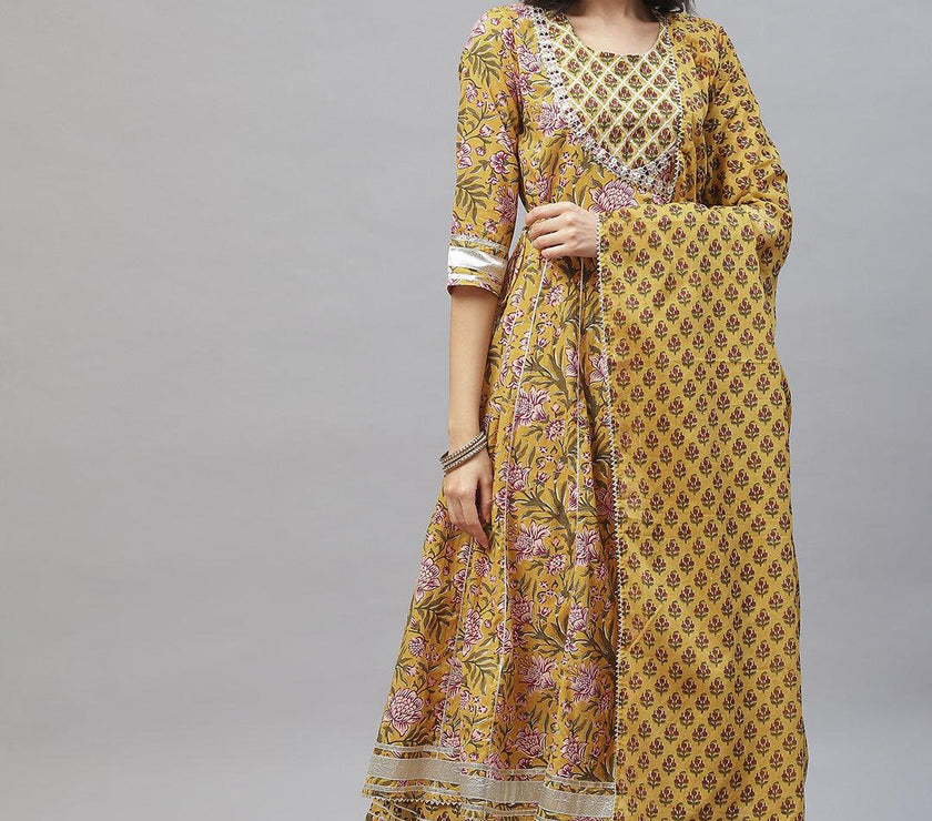 Divena Mustard Cotton Anarkali Kurta Palazzo Set With Dupatta - divena world