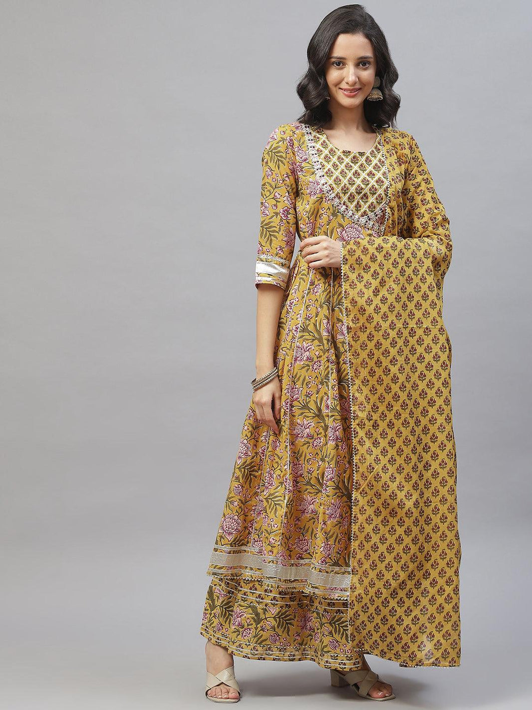 Divena Mustard Cotton Anarkali Kurta Palazzo Set With Dupatta - divena world