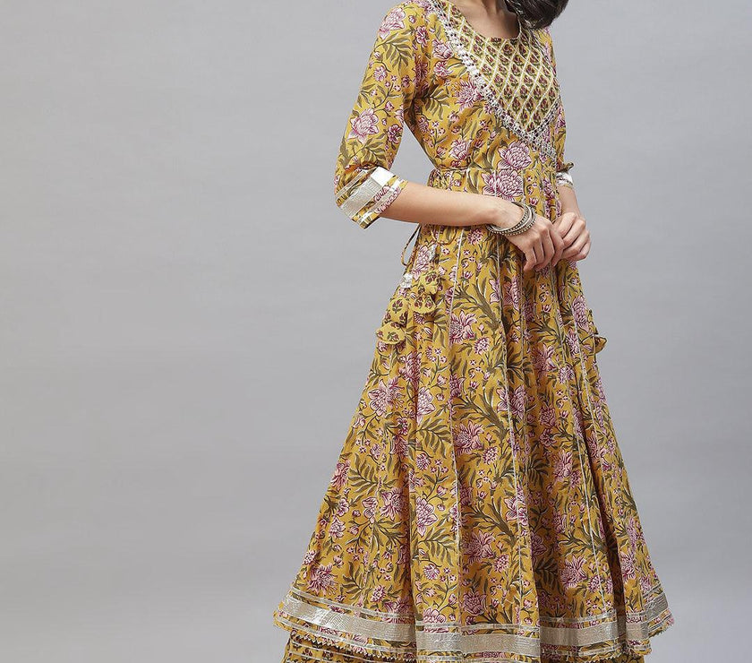 Divena Mustard Cotton Anarkali Kurta Palazzo Set With Dupatta - divena world