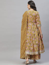 Divena Mustard Cotton Anarkali Kurta Palazzo Set With Dupatta - divena world