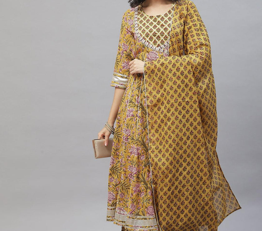 Divena Mustard Cotton Anarkali Kurta Palazzo Set With Dupatta - divena world