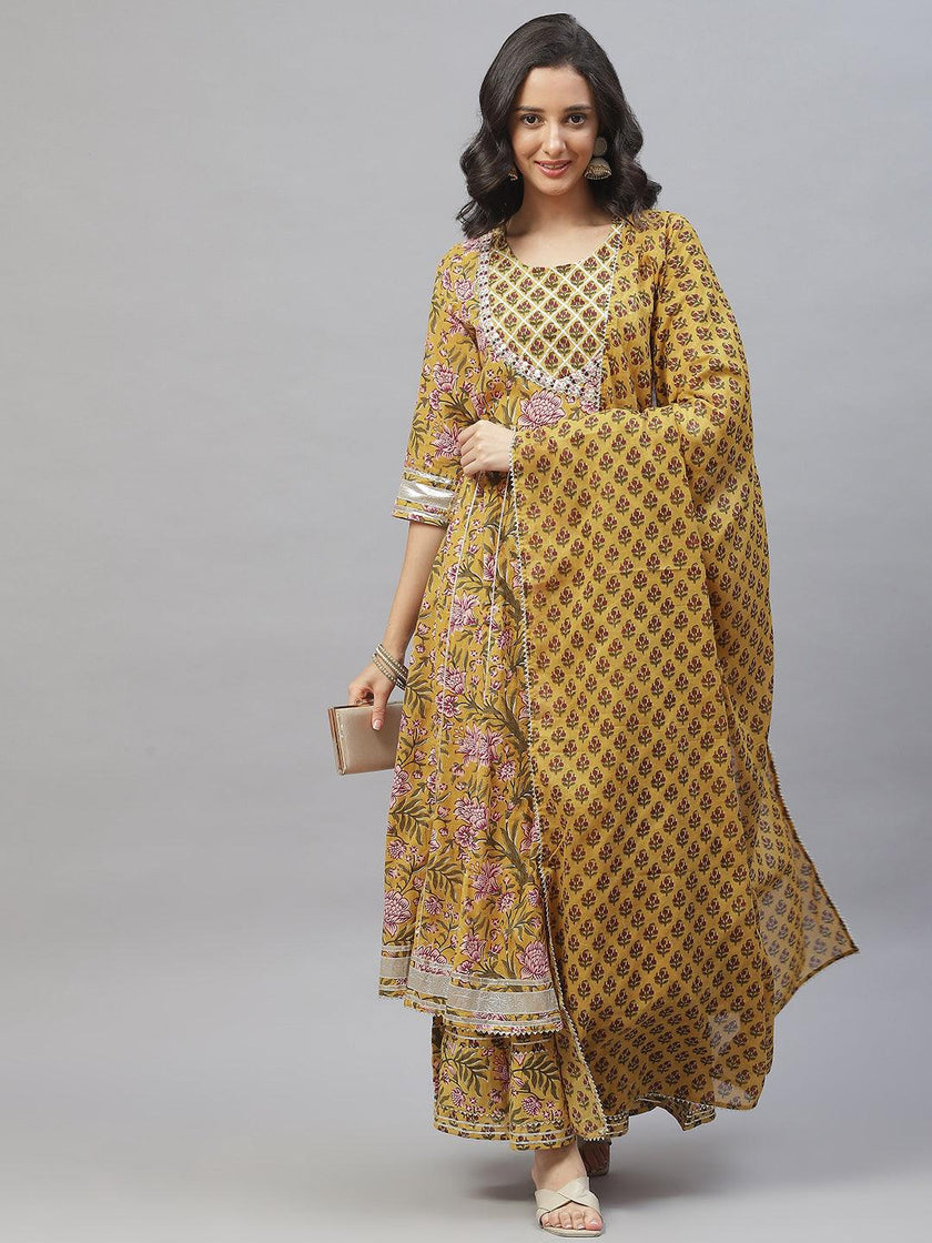 Divena Mustard Cotton Anarkali Kurta Palazzo Set With Dupatta - divena world