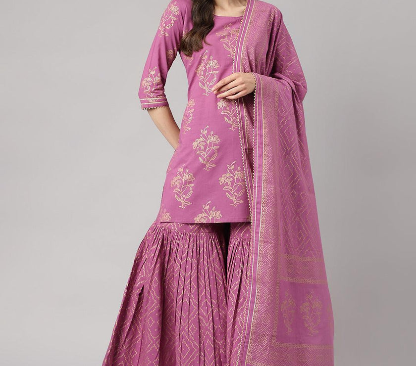 Divena Purple Foil Print Cotton Sharara Set with Dupatta - divena world