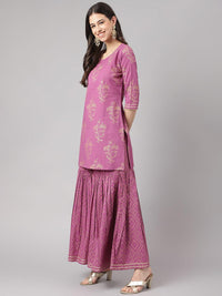 Divena Purple Foil Print Cotton Sharara Set with Dupatta - divena world