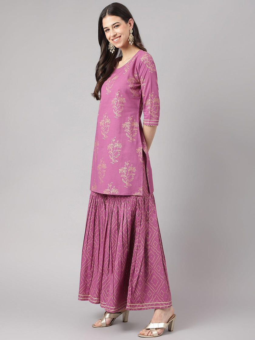 Divena Purple Foil Print Cotton Sharara Set with Dupatta - divena world