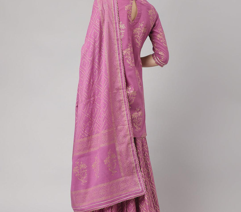 Divena Purple Foil Print Cotton Sharara Set with Dupatta - divena world