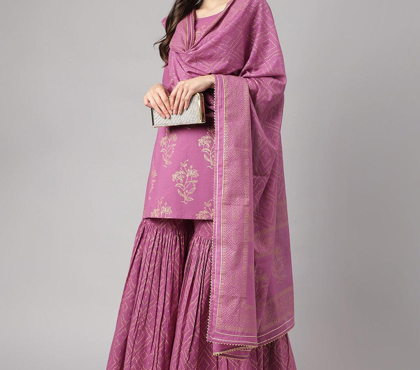 Divena Purple Foil Print Cotton Sharara Set with Dupatta - divena world