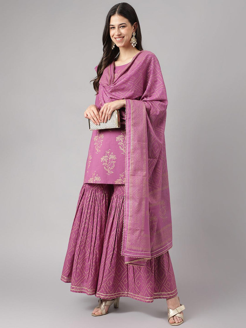 Divena Purple Foil Print Cotton Sharara Set with Dupatta - divena world