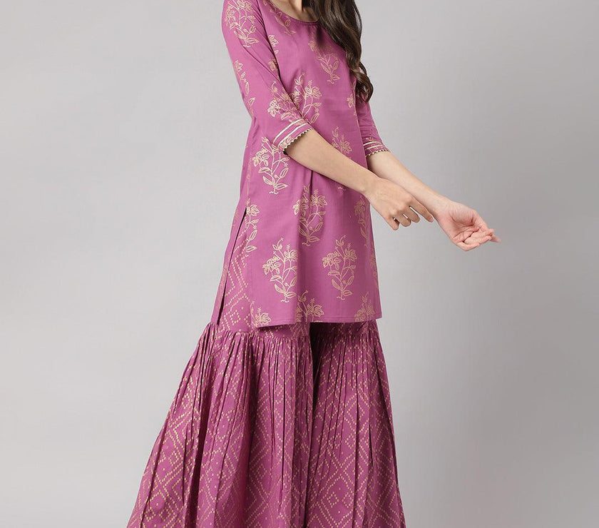 Divena Purple Foil Print Cotton Sharara Set with Dupatta - divena world