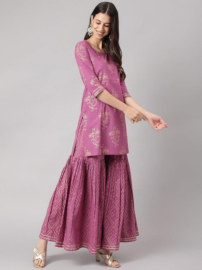 Divena Purple Foil Print Cotton Sharara Set with Dupatta - divena world