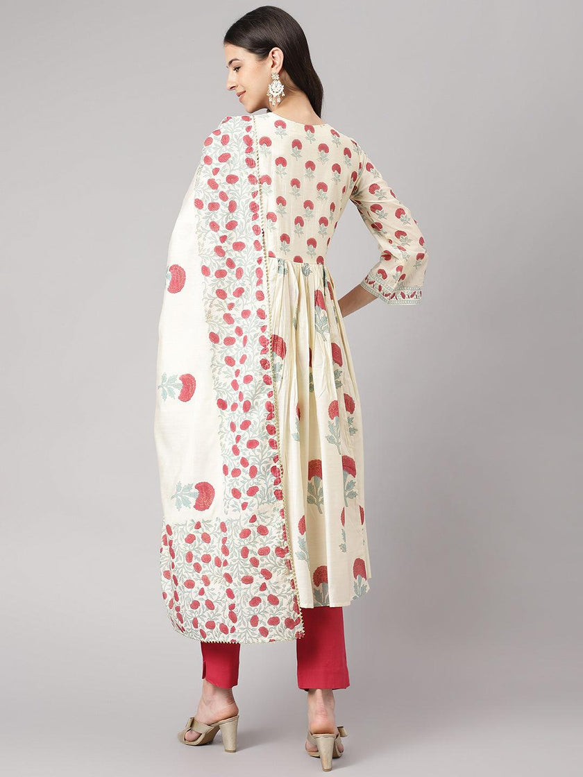 Divena Cream Chanderi Floral Anarkali Kurta Pant Set with Dupatta - divena world