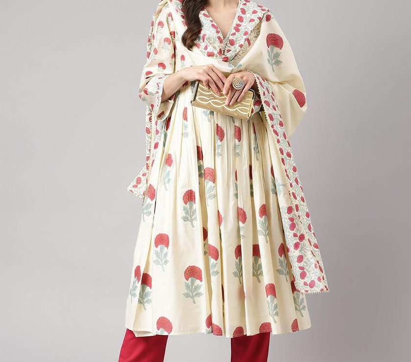 Divena Cream Chanderi Floral Anarkali Kurta Pant Set with Dupatta - divena world