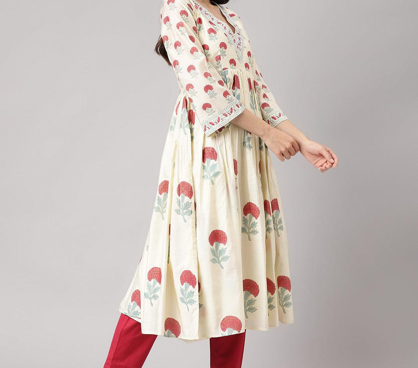 Divena Cream Chanderi Floral Anarkali Kurta Pant Set with Dupatta - divena world