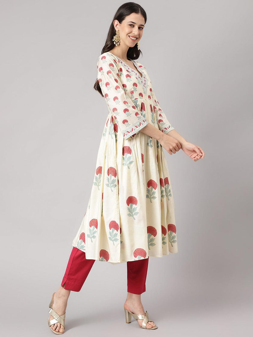 Divena Cream Chanderi Floral Anarkali Kurta Pant Set with Dupatta - divena world