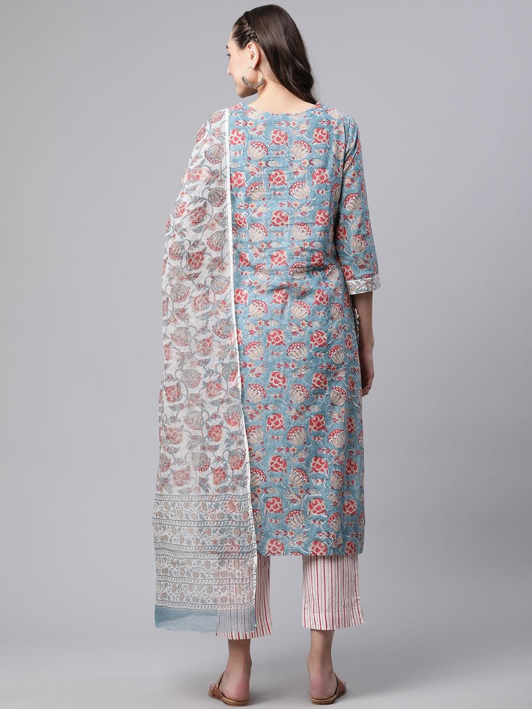 Divena Turquoise Blue Hand Block Printed Kurta Pant Set with Dupatta - divena world