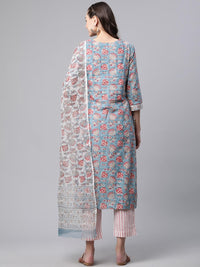 Divena Turquoise Blue Hand Block Printed Kurta Pant Set with Dupatta - divena world