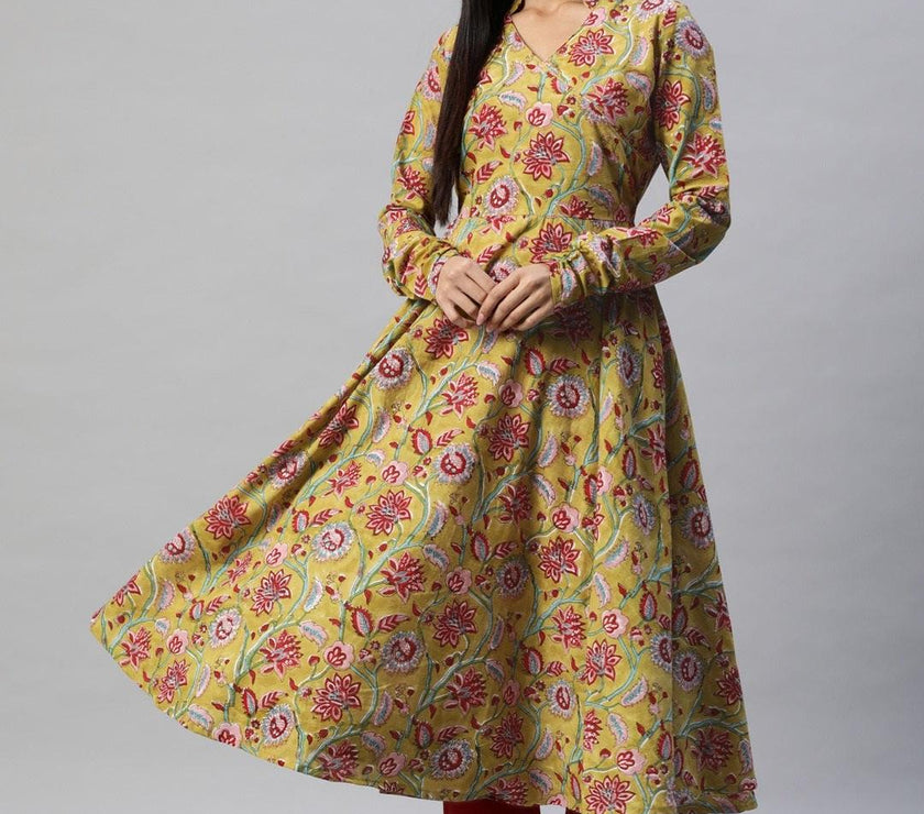 Divena Mahendi Cotton Hand Block Printed Anarkali Kurta - divena world