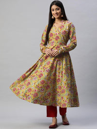 Divena Mahendi Cotton Hand Block Printed Anarkali Kurta - divena world