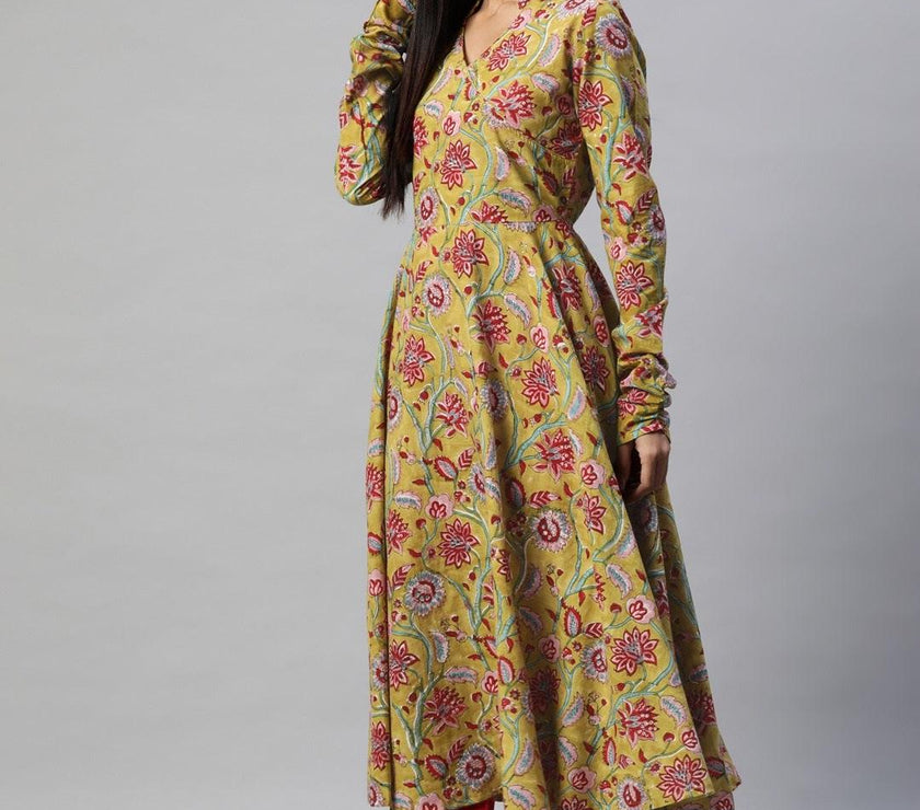 Divena Mahendi Cotton Hand Block Printed Anarkali Kurta - divena world