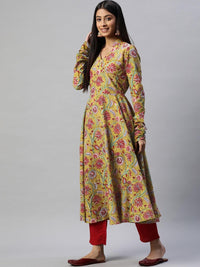 Divena Mahendi Cotton Hand Block Printed Anarkali Kurta - divena world