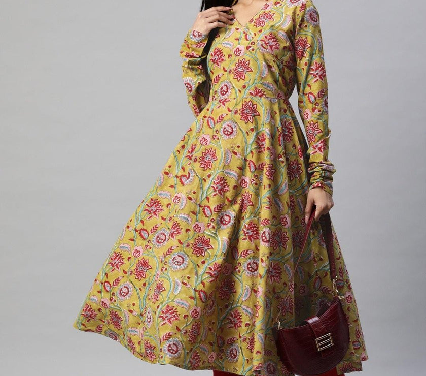 Divena Mahendi Cotton Hand Block Printed Anarkali Kurta - divena world