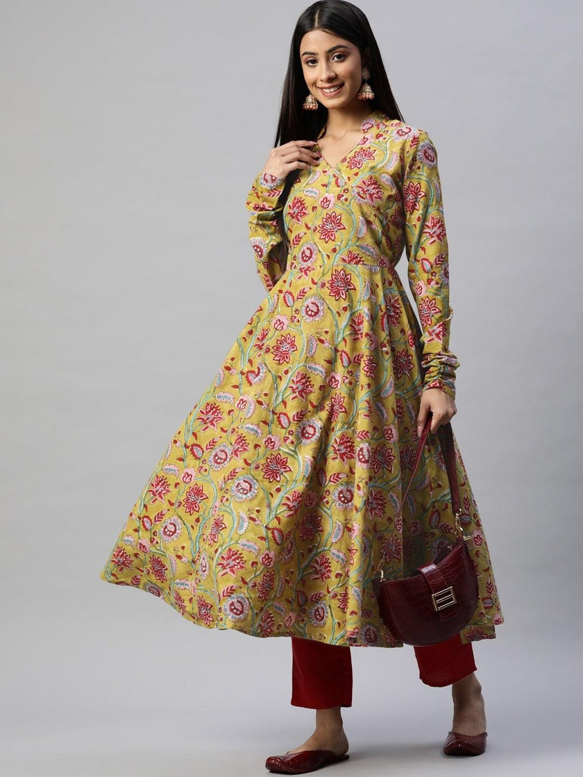 Divena Mahendi Cotton Hand Block Printed Anarkali Kurta - divena world