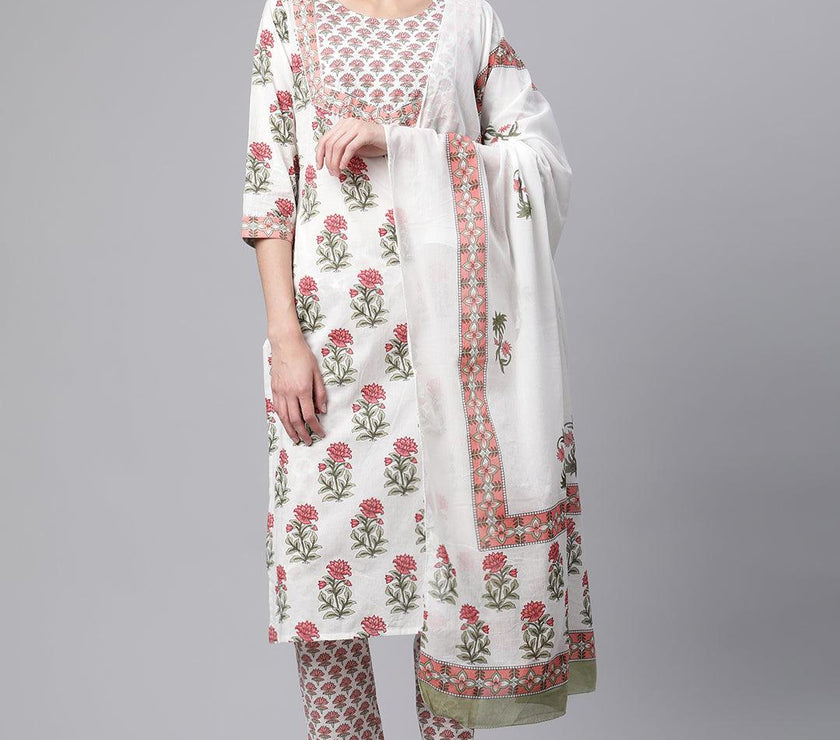 Divena White Floral Kurta pant set with Mulmul Dupatta - divenaworld.com