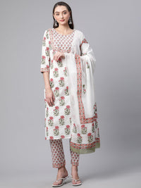 Divena White Floral Kurta pant set with Mulmul Dupatta - divenaworld.com