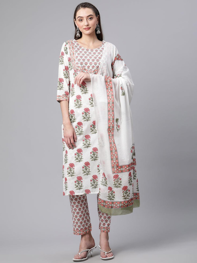 Divena White Floral Kurta pant set with Mulmul Dupatta - divenaworld.com