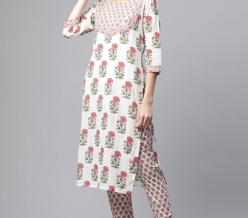 Divena White Floral Kurta pant set with Mulmul Dupatta - divenaworld.com