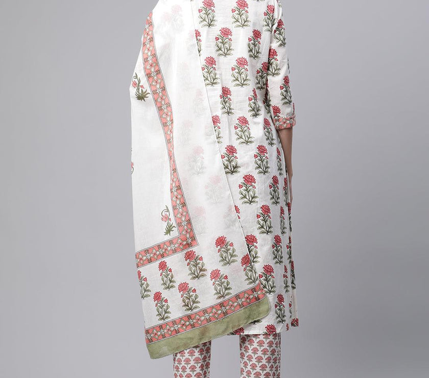 Divena White Floral Kurta pant set with Mulmul Dupatta - divenaworld.com