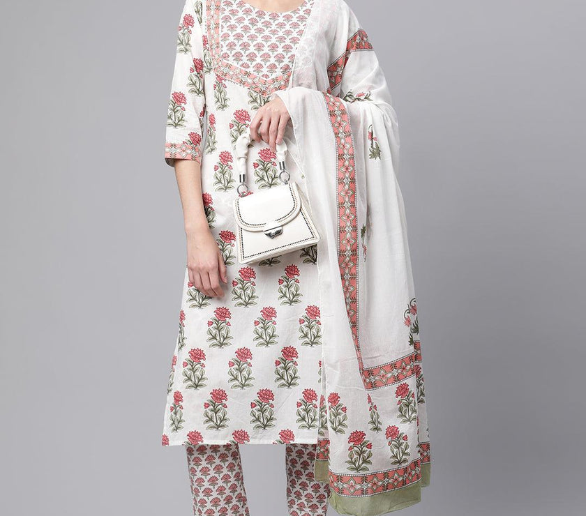 Divena White Floral Kurta pant set with Mulmul Dupatta - divenaworld.com