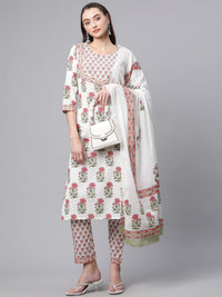 Divena White Floral Kurta pant set with Mulmul Dupatta - divenaworld.com