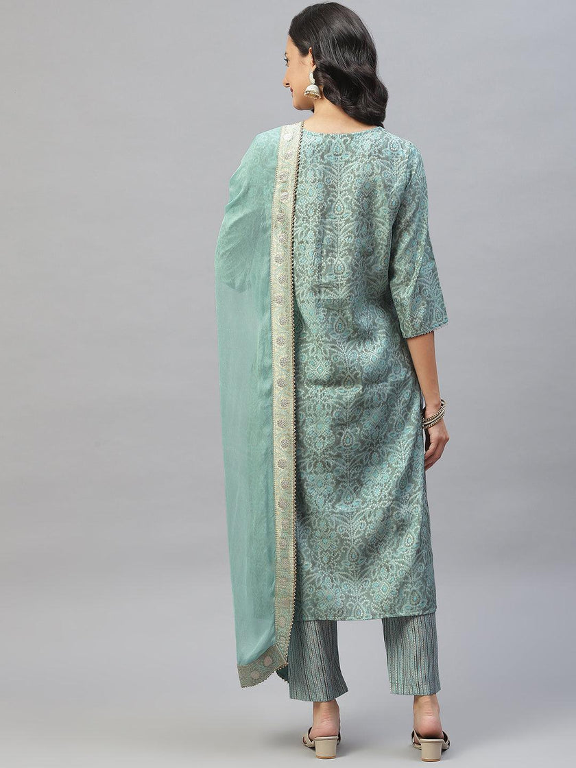 Divena Blue Hand Work Bandhani Printed Muslin Kurta Pant Set with Dupatta - divena world