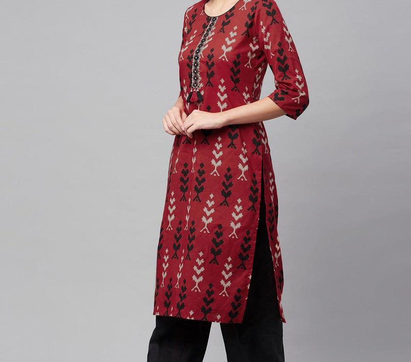 Divena Maroon Cotton Straight Kurta Hem Cuffed Pant set - divena world