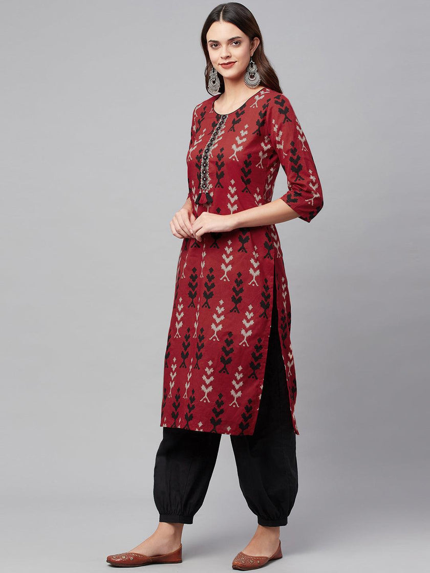 Divena Maroon Cotton Straight Kurta Hem Cuffed Pant set - divena world