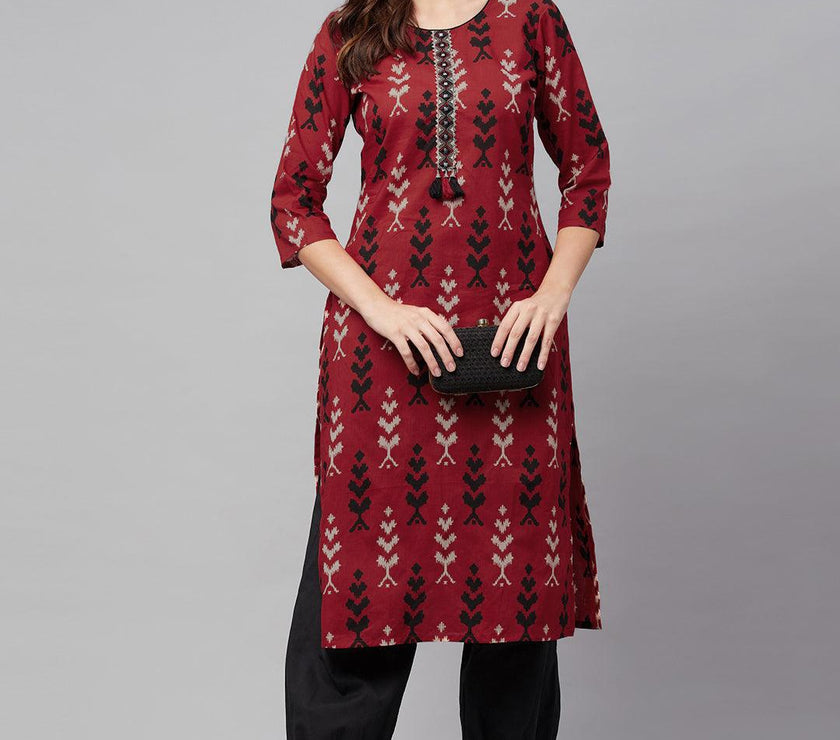 Divena Maroon Cotton Straight Kurta Hem Cuffed Pant set - divena world