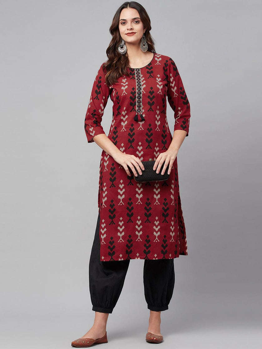 Divena Maroon Cotton Straight Kurta Hem Cuffed Pant set - divena world