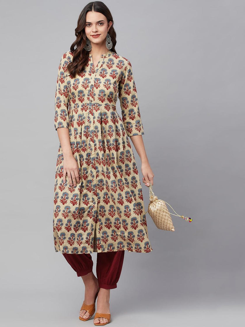 Divena Beige Cotton A-Line Kurta Hem Cuffed Pant set - divena world