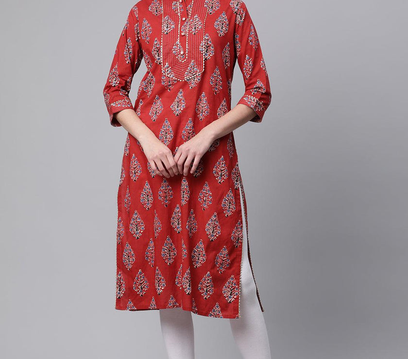 Divena Red Cotton Straight Kurta - divena world