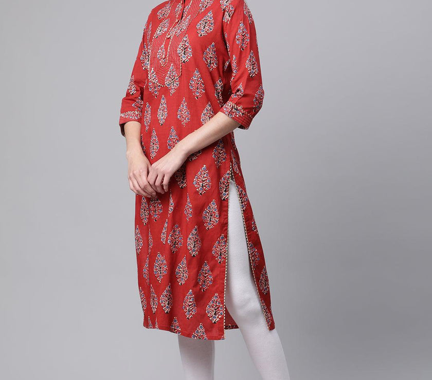 Divena Red Cotton Straight Kurta - divena world