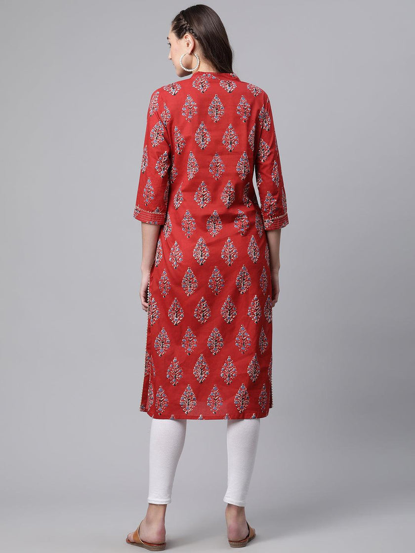 Divena Red Cotton Straight Kurta - divena world