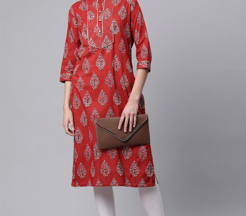 Divena Red Cotton Straight Kurta - divena world