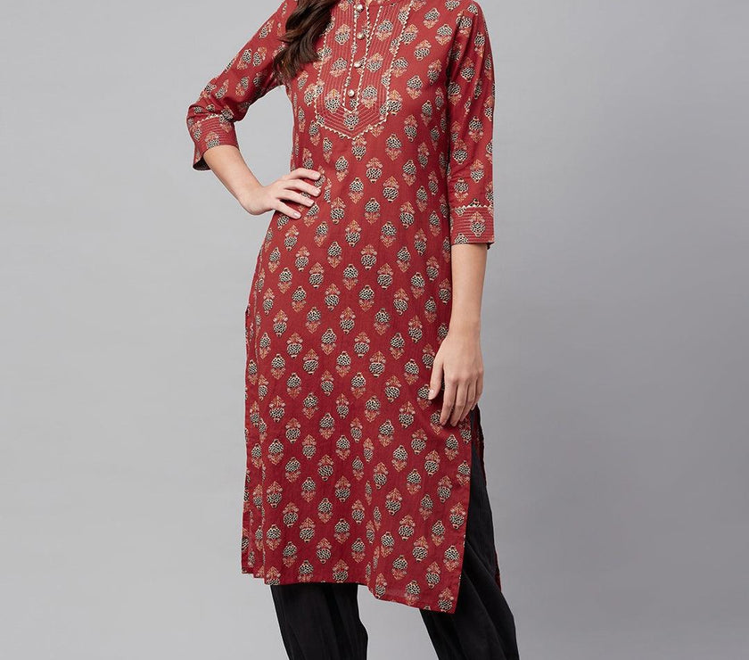 Divena Red Ethnic Cotton Straight Kurta - divena world